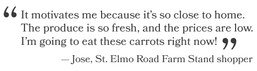 "It motivates me because it's so close to home. The produce is so fresh, and the prices are low. I'm going to eat these carrots right now!" -Jose, St. Elmo Road Farm Stand shopper