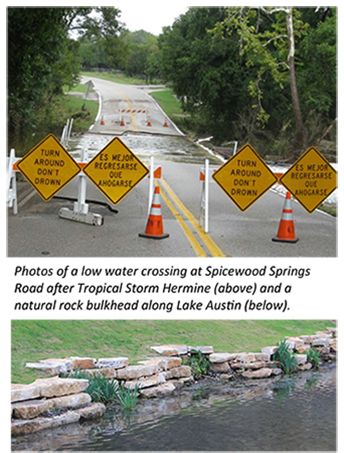 Photos of a low water crossing at Spicewood Springs Road after Tropical Storm Hermine (above) and a natural rock bulkhead along Lake Austin (below).