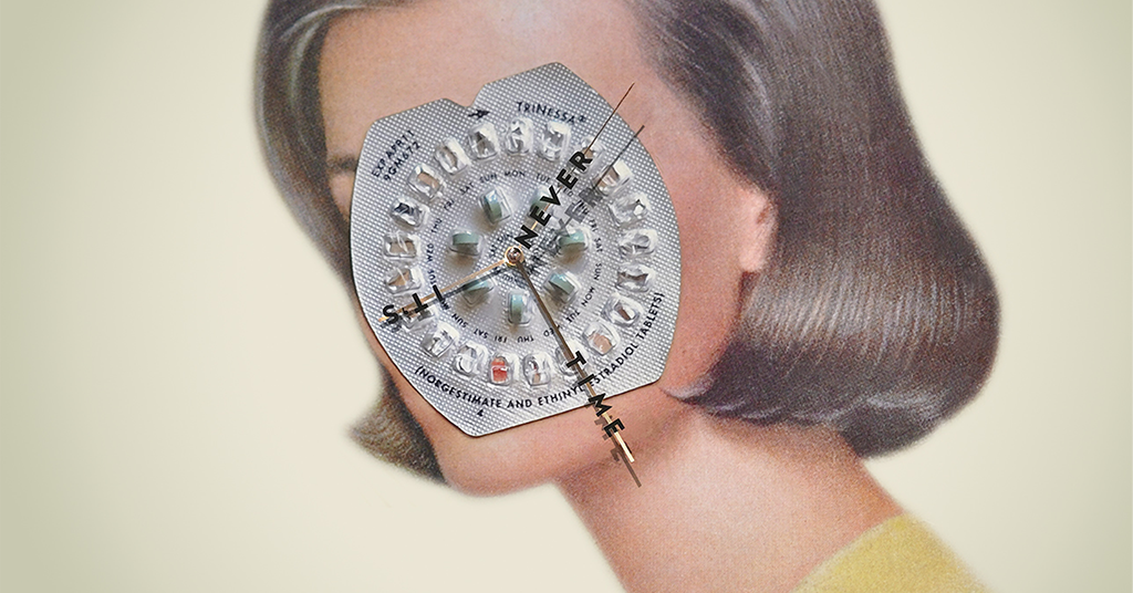 An image of an illustration of a woman her face is covered by a birth control packet and clock hands. There is text on top of the clock hands that reads 'Its Never Time'
